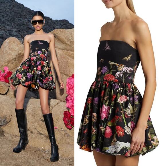 Alice + Olivia NWT Asha Bubble Hem Floral Strapless Mini Dress Black Size 0 - Picture 5 of 9